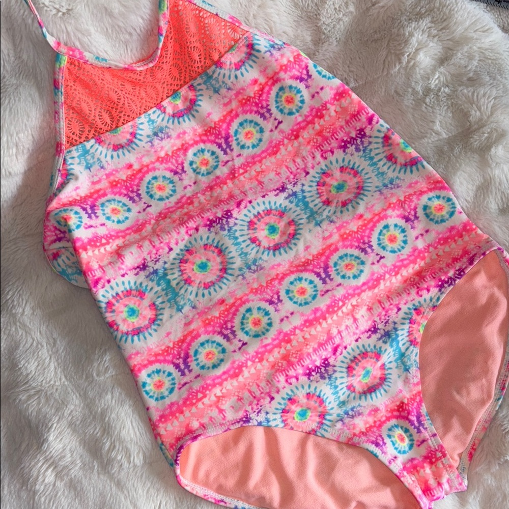 One Piece Swimsuit Halter Lace Top Orange Pink Size 14 Girls Pool Lake Swim